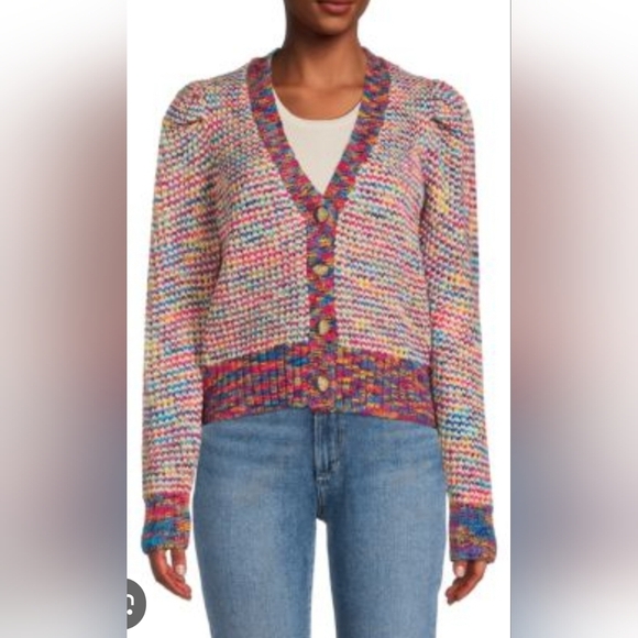 Design History Spacedye Rainbow Cardigan Cropped Sweater Puff Sleeve Size Large - Picture 11 of 11